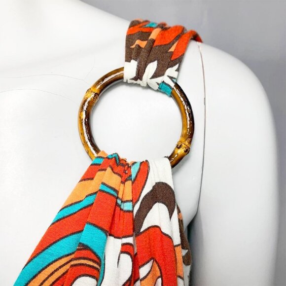 MILLY Multi Color Deep V Stretch Knit Mini Sundress with Wood Ring Detail - Picture 5 of 6